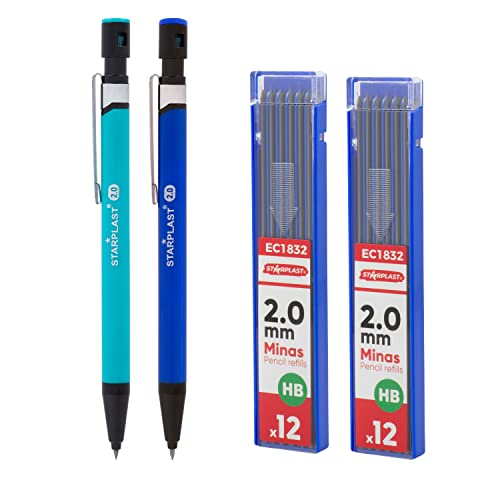 Starplast PORTAMINAS RETRACTIL + MINAS Minas de grafito punta cónica 2mm, con antideslizante y clip de metal - PACK 2 SURTIDO