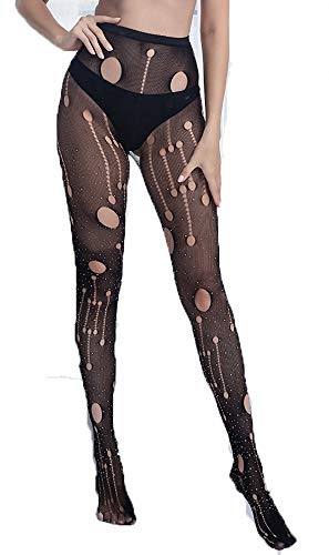 Image of Ulalaza Sparkle Hollow Out Letter Nude Colorful Rhinestone Hot Drilling Fishnet Pantyhose Tights for women Luminous