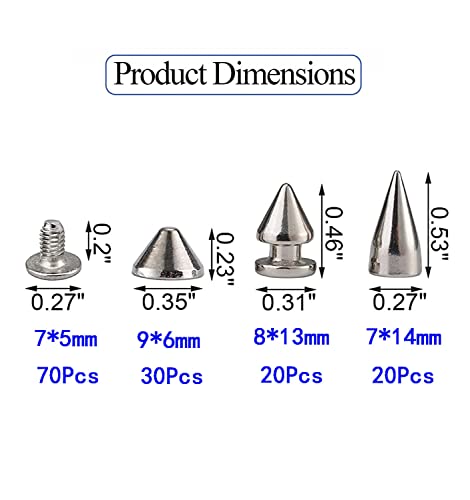 Alloygold 70 Sets Multi Size Cone Spikes Screwback Studs Metal Rivets Cool Punk Spikes For Leather Craft Clothing Shoes Belts Bags Dog Collars Diy Accessories(9X6Mm/8X13Mm/7X14Mm, Silver) #TOP4