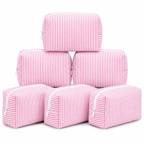 SOIDRAM 6Pcs Striped Makeup Bag Bulk Seersucker Cosmetic Pouch Bulk,Pink