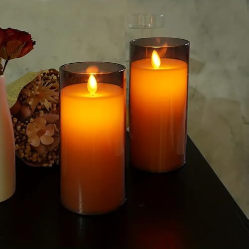 Image of Flameless LED Pillar Candle Set of 2 | Acrylic Fiber Glass | Dancing Faux Wick | Remote Control with Battery Operated 3 AA | Home Decor & Gifting | 3 inch D x 6 inch H | Grey