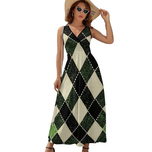 Robe maxi d'été sans manche avec col en V et imprimé feuilles vintage