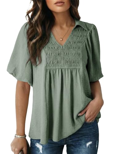 Astylish Women Smocked V Neck Puff Sleeve Babydoll Tops GrassGreen XX-Large — view 2