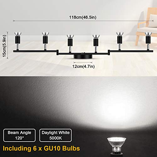 Ascher 6-Light Led Track Lighting Kit, Flexibly Rotatable Light Heads, 6 Way Ceiling Spotlight Black Finish, Including 6 Gu10 Led Bulbs (4W 400Lm Daylight White 5000K) #TOP2