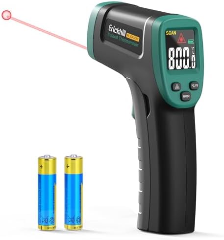 Close-up of the infrared thermometer showing the trigger, LCD display, and laser aperture.