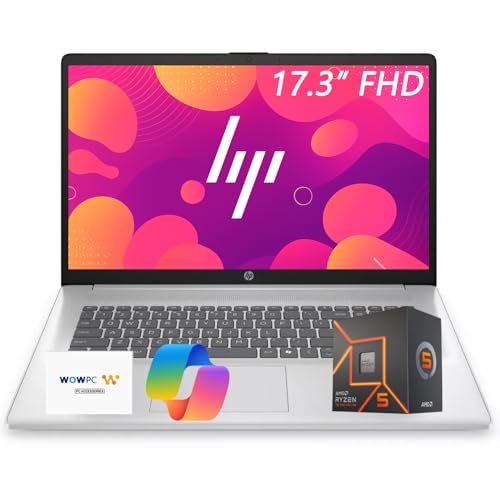 HP 17 Inch Laptop 2026 Edition, 17.3' FHD IPS Display, AMD Ryzen 5 7000 Series CPU (Beats Intel 13th i7-1355U), Copilot Key, 4GB RAM, 128GB SSD, Windows 11 with Office 365 for The Web, no Mouse