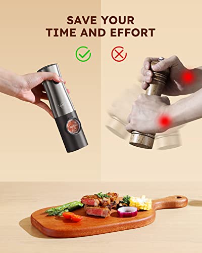 Sangcon Electric Salt And Pepper Grinder Set, Automatic Pepper Mills With Led Light, Battery Powered Salt And Pepper Shakers With Stand, Adjustable Coarseness, One-Handed Operation, Stainless Steel #TOP3