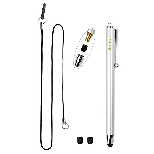 iKross Full Size Touch Screen Stylus Pen with 2 Replaceable Tips & 3.5mm Adapter Plug Lanyards for Samsung Galaxy Tab S 10.5/8.4, Galaxy Tab 4 (10.1/8.0/7.0 inch) Tablet (Silver)
