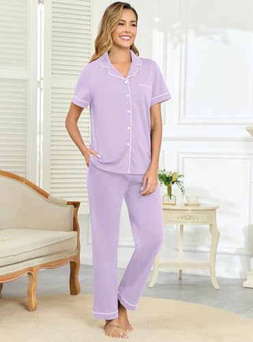 Image of Veseacky 100% Cotton Pajamas for Women Set Short Sleeve Button Down Sleepwear Soft 2 Piece Summer Pjs Lounge Sets S-XXL