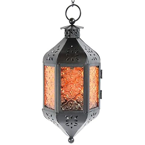 VELA LANTERNS Hanging Decor Moroccan Lamp Decorative Lantern Indoor Outdoor Candle Holder for Patio or Porch, Weddings, Halloween, Christmas, Amber Glass Cover