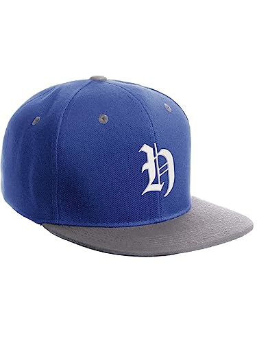 Daxton Classic Snapback Hat Old English Font Alphabet A to Z Flat Bill Visor Cap, Royal Light Grey Hat, White H