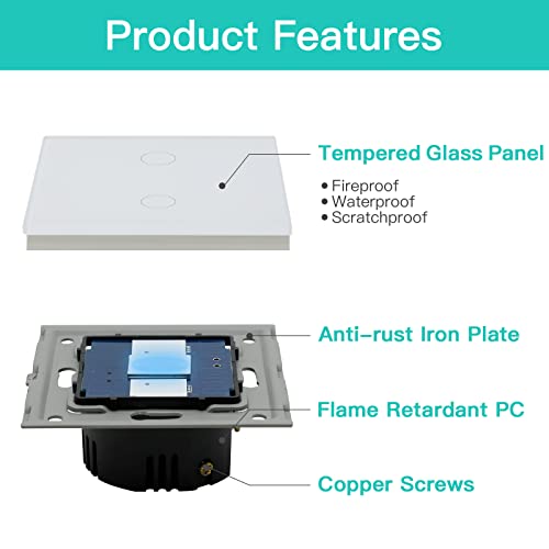 BSEED Touch Light Switch 2 Gang 2 Way, Tempered Glass Panel Light Switches with LED Indicator - Image 2