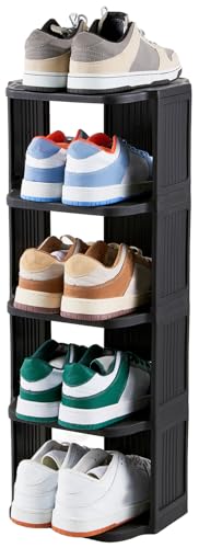 UFORU Small Shoe Rack, 5 Tier Plastic Vertical Shoe Rack for Small and Narrow Spaces, Free Standing Shoe Organizer for Closet, Entryway (Black)