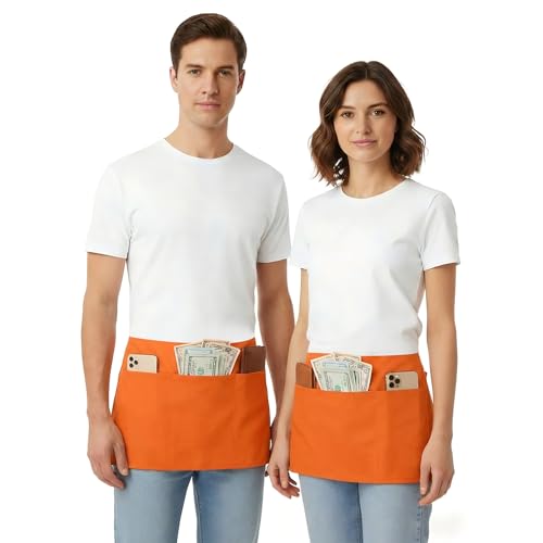 Image of BOHARERS Waist Apron with 3 Pockets 12 Pack - Orange Waitress Server Short Apron