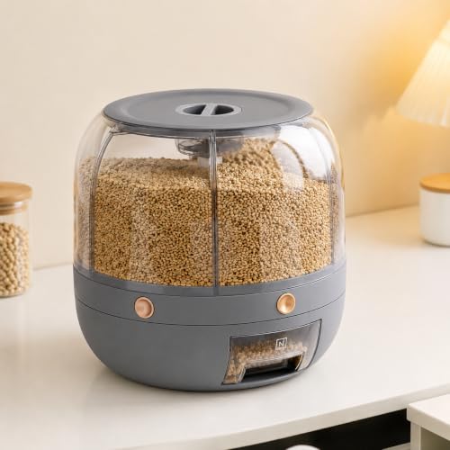 Image of proxin 6 Grid Rotating Rice Dispenser Container Airtight Multi Grain Storage Box Kitchen Food Storage Container for Rice Dal Pulses Cereal Dry Food Storage Organizer (Grey)