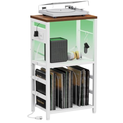 YAKANJ End Table with LED Light, Record Player Stand with Charging Station