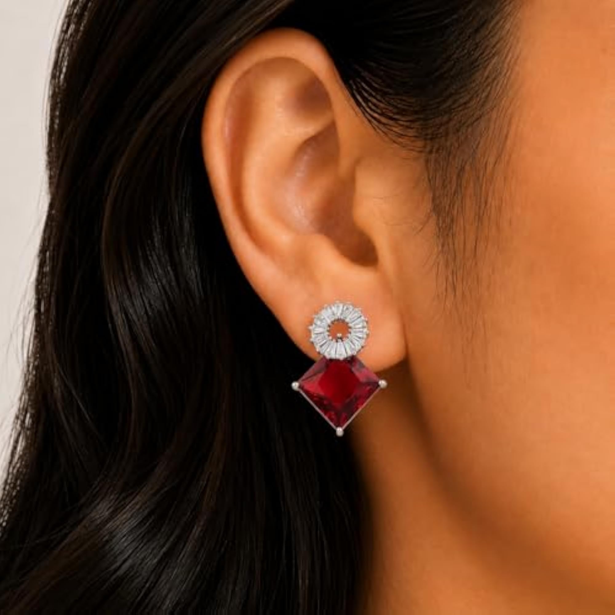 Women's Geometric Red Stone Stud Earrings