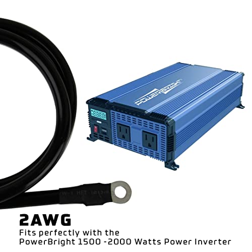 Power Bright 2 Awg 12Ft High Amp Pure Copper Battery Cable With 1/4″ And 7/16″ Lugs, Professional Series 2 Gauge Wire Cables For Car Power Inverter, Rv Battery, Boat, Marine And Solar Applications #TOP5