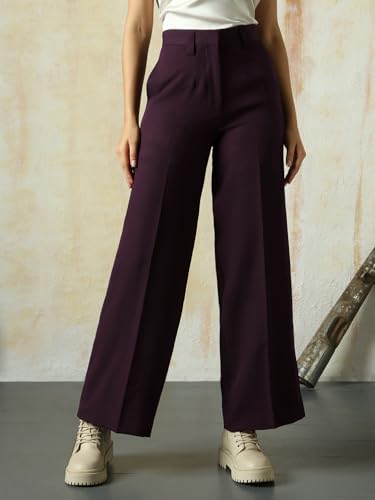 Image of High Star Women High Rise Solid Regular Length Wide Leg Casual Trousers
