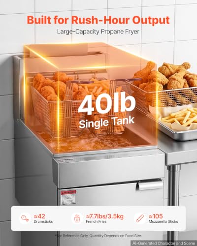 Image of VEVOR Commercial Propane Deep Fryer with Casters, 90,000 BTU with 2 Baskets | 3-Tube Burner Fryer, Stainless Steel Floor Standing Deep Fryers Cart, 40 lbs Capacity for Restaurants