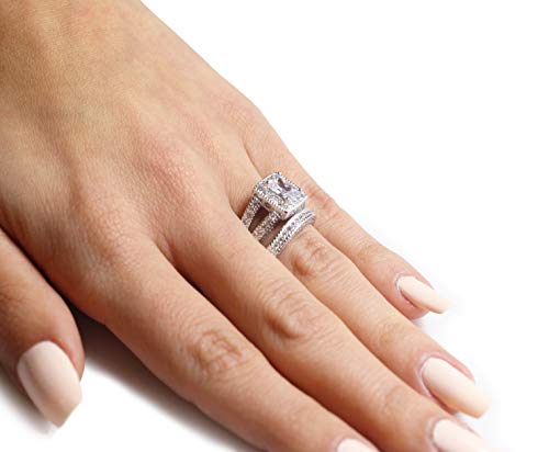 CloseoutWarehouse Cubic Zirconia Set of 2 Princess Cut Center Halo Wedding Set Ring Sterling Silver (Color Options, Sizes 5-13)2