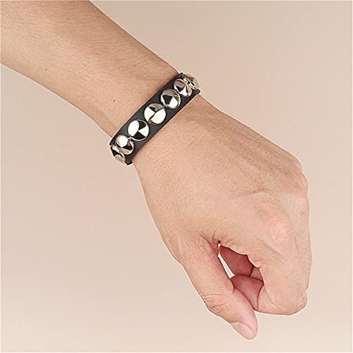 Spiked Studded Bracelet Black Leather Rivet Punk Bracelet Cuff Wrap Bangle Snap Button Metal Wristband For Men Women (Round Bracelet) #TOP1