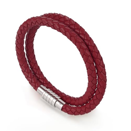 GTMJ Mens Leather Bracelet, Wrap Double Strand Viking Braided Bracelets 9 Inch Genuine Leather Wristbands with Stainless Steel Clasp, Gift for Him, Boyfriend, Husband, Red