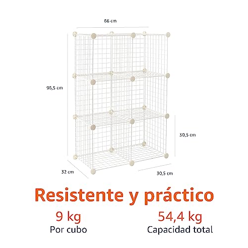Infografía mostrando la resistencia y capacidad total del estante apilable de rejilla, 9 kg por cubo y 54,4 kg total