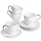 BTäT- Tea Cups and Saucers, Set of 4 (6 oz) with Gold Trim and Gift Box, Cappuccino Cups, Coffee Cups, White Tea Cup Set, British Coffee Cups, Porcelain Tea Set, Latte Cups, Espresso Mug, White Cups