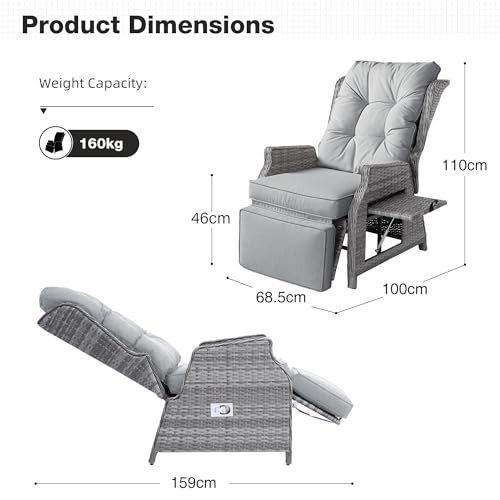 COMLAX FIELD Garden Recliner Chairs, Rattan Reclining Sunlounger with Thick Cushions, Adjustable Sun Lounger with Flip Table for Indoor Outdoor, Lignt Grey