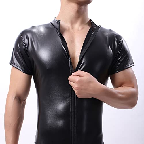 DingMi Men's Zipper Leather Bodysuit Leotard Jockstrap Wrestling Singlet One-piece Short-sleeved Wetlook3