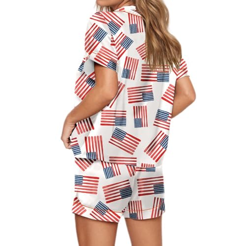 Image of RUEWEY Women American Flag Pajamas Set Satin Silk Button Short Sleeve Shirt Shorts 2 Piece Loungewear