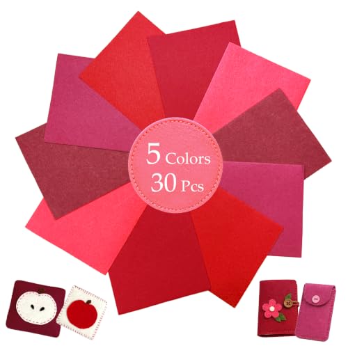 Image of 30Pcs Stiff Felt Sheets, 1mm Thick Felt Fabric Squares for Sewing & DIY | 5 Shades Of Red Colors Craft Felt, Hard Felt, Thick Felt & Felt Paper for Patchwork, Home Decor & Handmade Projects