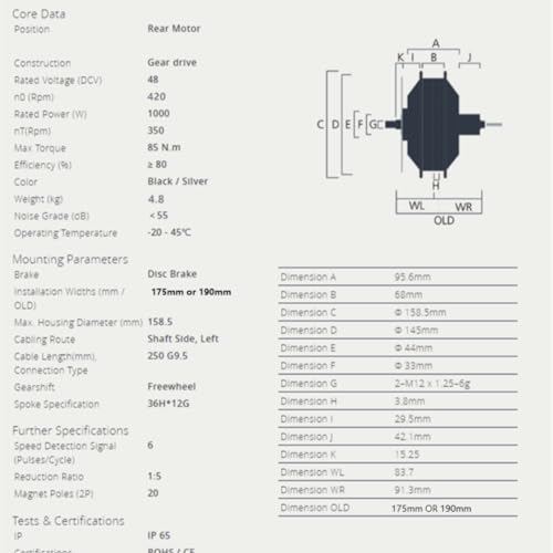 HALLOMOTOR 8fun G062 48v 1000w Cassette Rear Hub Motor Drop Out 175mm/190mm with Disc Brake for Fat Bike (Drop Out: 190mm, B: with G11.6 Male Plug)
