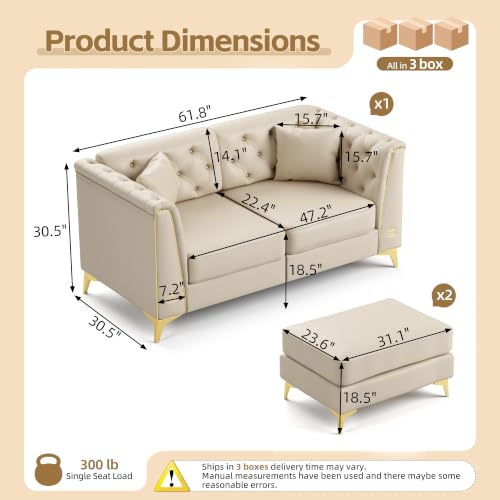 Image of KEIKI 62 inch Faux Leather Chesterfield Sofa with Handmade Button Tufted, Beige
