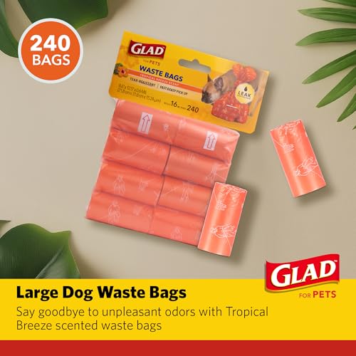 Image of Glad for Pets Dog Waste Bags, Scented, Tear-Resistant and Leak Resistant, 16 Rolls, Heavy Duty Poop Bags for Easy Waste Cleanup, Tropical Breeze Scent, 240 Total Bags