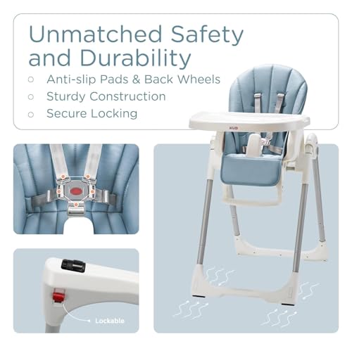 Image of KUB 3-in-1 Foldable Baby High Chair | Multifunctional Infant High Chairs for Babies and Toddlers | Removable Seat & Tray for Easy Clean | 7 Height & 4 Recline Adjustable | 2 Locking Wheels(Blue)