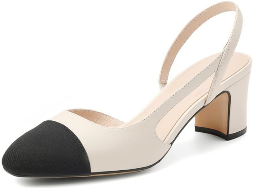MICIFASlingback Heels for Women，Round Toe Chunky Heeled Pumps Ankle Strap Fashion Splicing Dress Shoes