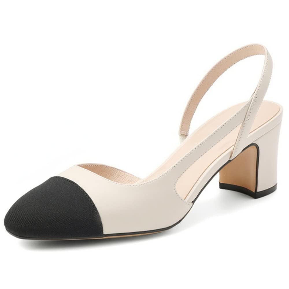 MICIFA Slingback Heels for Women，Round Toe Chunky Heeled Pumps Ankle Strap Fashion Splicing Dress Shoes