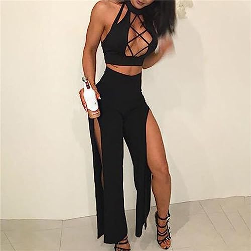 Women's Beachwear Pants Solid Color Wide Leg Feminine Loose Pants Side Split Charming Pants Ladies Elegant (Black, S)3