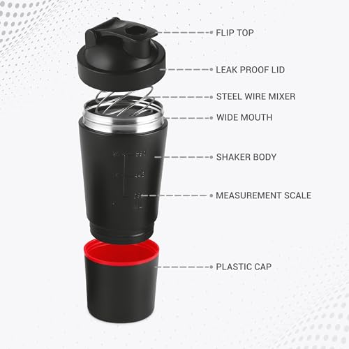 Image of MILTON Pro Mix Ultra Shaker with Blending Ball, Black, Shakers for Protein Shake with detachable Storage Compartment, Leakproof, Fitness Freak, Gym Bottle for Men and Women BPA-Free (591ml + 200ml)