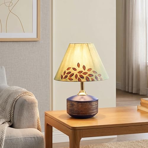 Image of AAKRITI ART CREATIONS Terracotta Table Lamp for Study Room, Bedroom & Living Room Decoration | Floral Floral Garden Bedside Lamp with Cotton Fabric Shade | Aesthetic Night Lamp