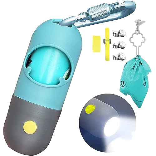 Dog Poop Bag Dispenser with Built-in LED Flashlight and Metal Clip for Leash, Pet Waste Bag Holder, Dog Walking Accessory (Cystal Blue)