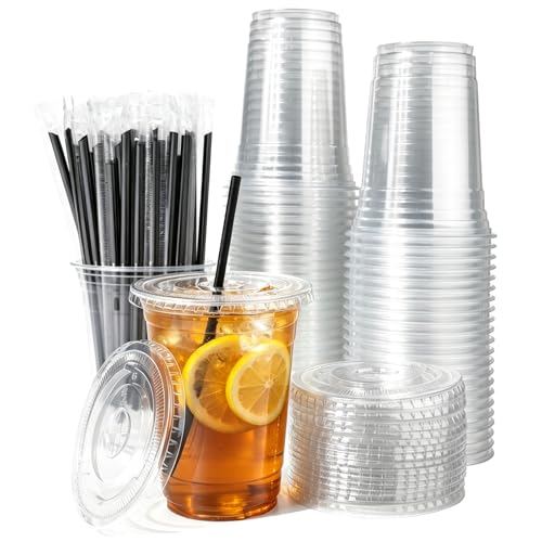 Lekeeu Clear Plastic Cups with Lids 50Pcs Reusable Iced Coffee Cup with Lids and Straws 500ml Tumbler Drink Cup Smoothie Cups Cold Drinks Party Catering for Milkshakes Picnic Takeaway