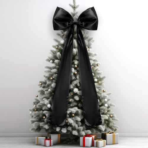 Daifunli 20 x 47 Inches Extra Large Christmas Satin Bows Christmas Tree Topper Decorations Giant Xmas Tree Toppers Bows for Home Wreath Wall Holiday Birthday Wedding Engagement Party Decor(Black)
