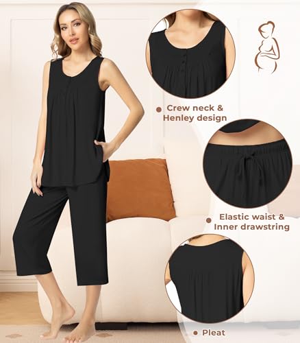 Image of NACHILA Pajamas for Women-Viscose Made from Bamboo, Sleeveless Pjs Top and Capri Pants Pajama Set Cool Pleated Sleepwear