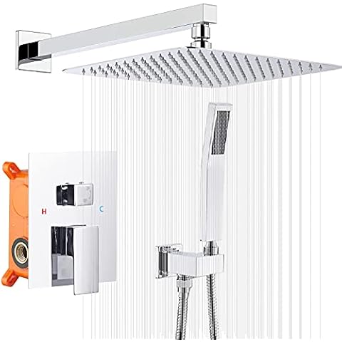 Shower Faucet Chrome GGStudy Shower Trim Kit with Rough-in Valve Shower Set Bath Rainfall Shower Faucet System 12 inch Square Stainless Steel Metal Shower Heads with Handheld Spray Cover