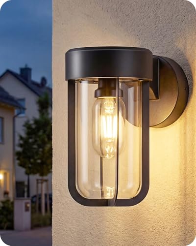 Aplique de Pared para Exterior con Carcasa Metálica y Pantalla de Cristal Transparente, Base E27 (Bombilla no incluida), Protección IP44, Balcón, Porche, Patio, Jardín, Garaje, Pasillo, Negro