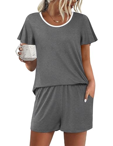 Image of Ekouaer Womens Pajama Set Summer Short Sleeve Pjs Sleepwear Cute 2 Piece Lounge Sets S-XXL