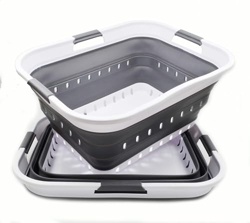 Image of SAMMART 42L (11 gallon) Collapsible Plastic Laundry Basket - Foldable Pop Up Storage Container /Organizer - Portable Basket - Space Saving Hamper /Basket (2, White /Dark Grey)
